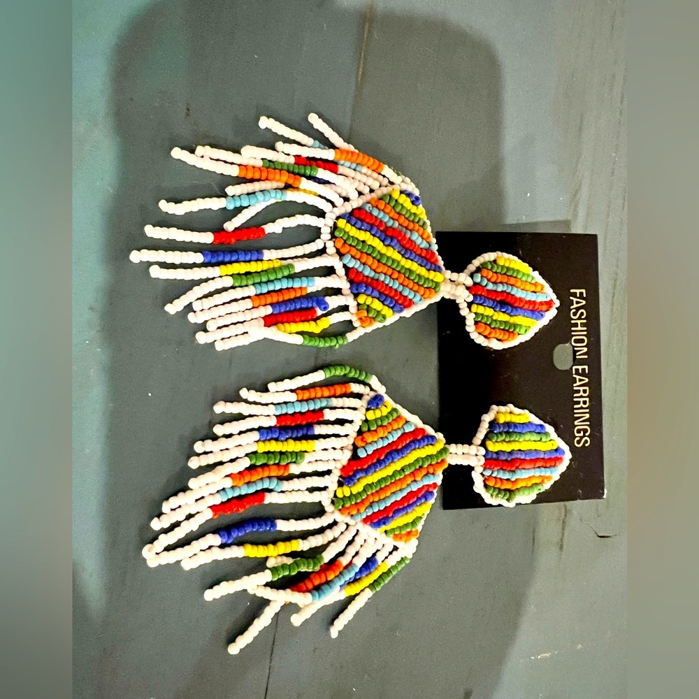 Vintage 80s clip on Earrings fringed Rainbow beads Leather Back Handmade  NWT
